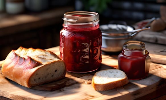 Two glass jars of homemade red berry jam are sitting on a wooden cutting board, along with two pieces of freshly baked bread. The setting is a rustic kitchen, and the sunlight shines through the window, highlighting the texture of the bread and the vibrant color of the jam.