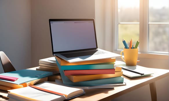 A laptop sits atop a stack of colorful hardcover books on a wooden desk near a window, with a yellow mug filled with pencils behind it. Sunlight streams in through the window.
