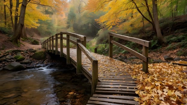 A wooden bridge spans a small stream in a forest, surrounded by vibrant autumn foliage. Fallen leaves carpet the ground and the bridge, creating a warm, inviting atmosphere. The stream flows gently, creating a peaceful and tranquil scene.