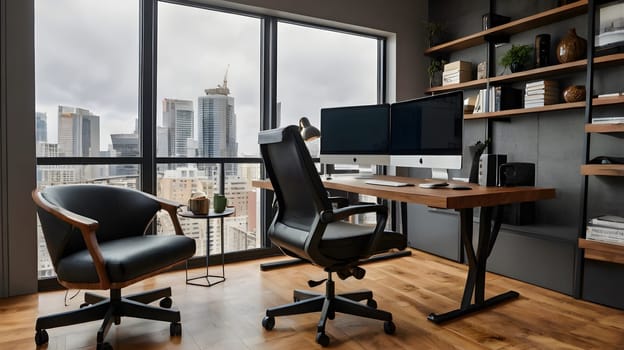 A modern home office features a large window with a view of a city skyline, a wood desk with a black metal frame, two computer monitors, a black mesh office chair, a black leather chair, and a small wooden side table.