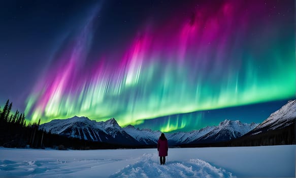 A lone figure stands in the middle of a snowy field, gazing up at a breathtaking display of the Northern Lights dancing across the sky. The aurora borealis fills the night sky with vibrant hues of pink and green, illuminating the snow-covered landscape and towering mountains in the distance.