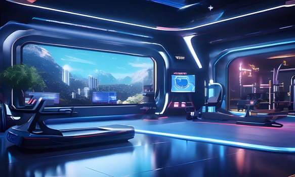 The interior of a futuristic spaceship or home, with large windows showing a view of a city and mountains in the distance. The room features a sleek, black, futuristic-looking control panel with a large screen, as well as a gaming console and other technology. The room is illuminated by blue and purple neon lights, creating a vibrant and modern atmosphere.