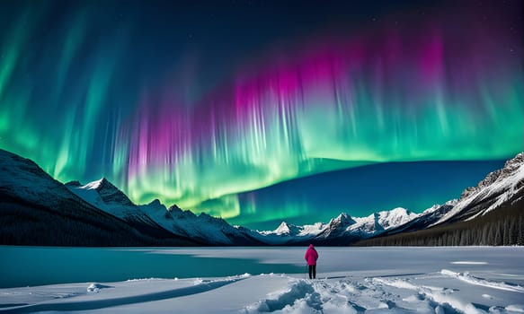 A lone person stands on a frozen lake in the Canadian Rockies, gazing up at a vibrant display of the Northern Lights. The sky is filled with swirling green and pink lights, creating a stunning and ethereal spectacle. The mountains in the background are covered in snow, adding to the sense of wonder and awe.