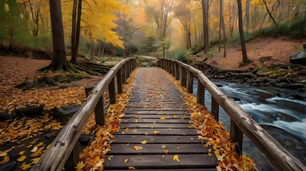 A wooden bridge spans a flowing creek in a forest during the autumn season. The trees have vibrant fall colors, and the ground is covered in fallen leaves. A light mist fills the air, adding a sense of mystery to the scene.