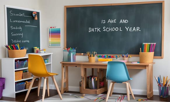 A classroom desk is positioned in front of a chalkboard with the words 'Is Ake and Batk School Year' written in white chalk. A yellow chair with wooden legs is positioned on the left of the desk, while a blue chair is placed on the right. Multiple baskets filled with various colorful pencils and markers are scattered around the desk and bookshelf.