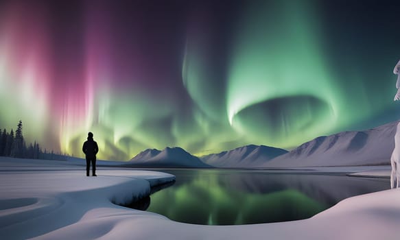 A single person stands in the foreground, silhouetted against a breathtaking display of the Northern Lights, or Aurora Borealis, over a frozen lake in the Arctic. The vivid colors of the aurora borealis paint the sky in shades of green, purple, and pink, reflecting in the still waters below. The surrounding mountains are covered in snow, creating a serene and ethereal landscape.