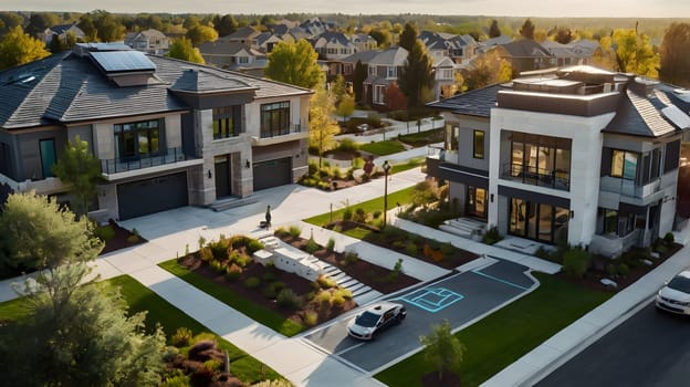 An aerial view shows two modern, grey and white houses in a suburban neighborhood, with a self-driving car parked in the driveway. The houses are surrounded by lush green lawns, trees, and walkways. The sun shines brightly in the sky, casting long shadows.