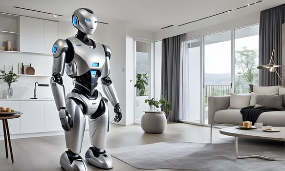 A humanoid robot with silver-colored body parts stands in a modern living room. The robot is facing the camera, with its arms extended at its sides. The room features a light grey sofa, a coffee table, a large window with grey curtains, and a white kitchen.