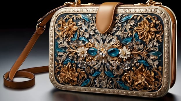 A close-up view of a luxurious handbag featuring a detailed floral design with gold and silver embellishments, adorned with turquoise and white gemstones. The bag's strap is a simple, brown leather design.