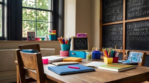 A classroom desk with two chairs and various colorful school supplies, including pencils, crayons, and notebooks. There are two open notebooks, one with a pink marker, on a wooden table in the foreground. The desk is positioned near a window with a view of trees and a chalkboard with writing on it.