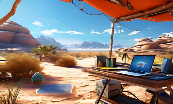 A laptop sits open on a makeshift desk under a tent awning, providing shade from the bright desert sun. The desert landscape stretches out in front with a distant mountain range visible on the horizon.