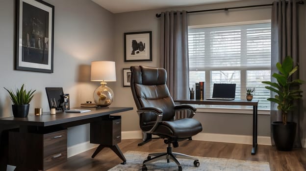 A well-lit home office with a large, dark desk, a leather office chair, and a laptop. Gray curtains and blinds provide privacy and light control. A plant on the desk, a lamp on the desk, and a plant in the corner add a touch of natural color to the room.