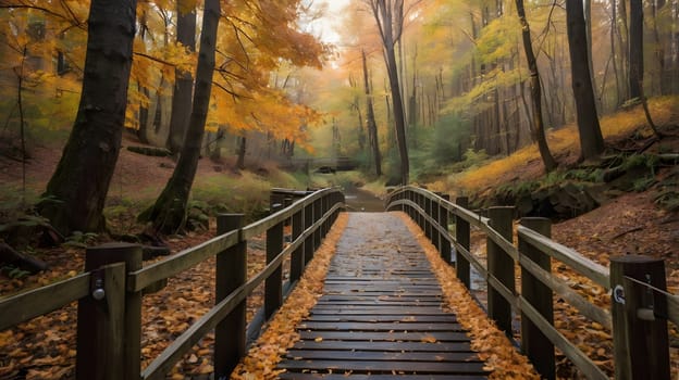 A wooden bridge, covered in fallen leaves, leads into a misty forest. The trees are a vibrant yellow and orange, indicating the autumn season. The path ahead is shrouded in mist, adding an element of mystery to the scene.