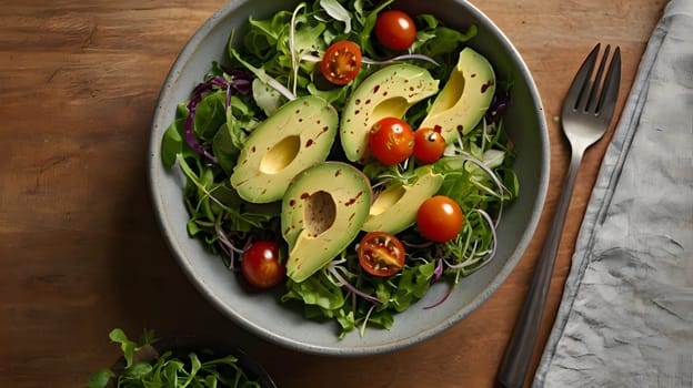A bowl of fresh salad with avocado, cherry tomatoes, and mixed greens sits on a wooden table, a fork and napkin are nearby.