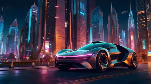 A sleek, silver sports car with glowing pink and purple accents is parked on a street in a futuristic city. The city is lit up with neon lights, and the sky is dark with stars. There are tall buildings and skyscrapers in the background, and a flying vehicle can be seen in the distance.
