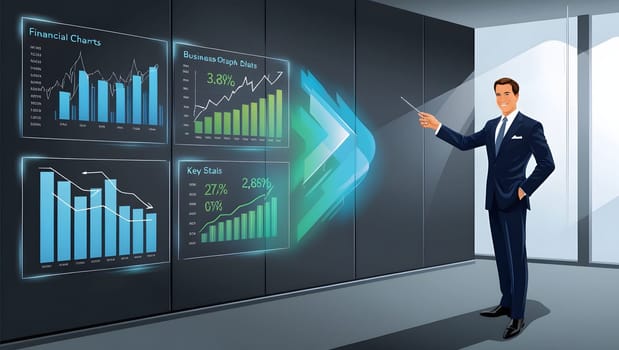 A businessman in a suit stands in front of a large screen, pointing at various charts and graphs. The screen displays financial charts, key statistics, and a large arrow indicating positive growth. The man appears confident as he presents the data to a hypothetical audience.