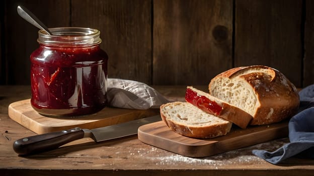 A jar of homemade berry jam sits next to a wooden cutting board on which are slices of freshly baked bread. One slice is topped with the red jam spread. A knife sits on the cutting board next to a white cloth napkin, completing the simple rustic kitchen setting.