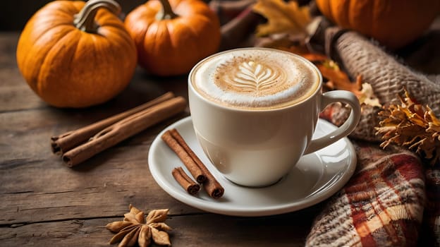 A cup of latte with a creamy foam design sits on a saucer with cinnamon sticks and star anise. Two pumpkins and autumn leaves surround the drink.