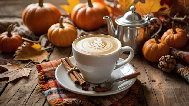 A cup of latte with cinnamon sticks sits on a wooden table surrounded by pumpkins and fall leaves. The warm colors of autumn are reflected in the drink, the pumpkins, and the leaves. The composition is inviting and suggests a cozy and comforting atmosphere.