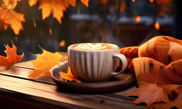 A steaming cup of coffee with latte art sits on a wooden table, surrounded by falling autumn leaves. A cozy orange blanket rests on the table, creating a warm and inviting atmosphere.