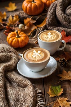 Two white cups filled with latte coffee featuring intricate leaf designs sit on a rustic wooden table surrounded by small pumpkins and colorful autumn leaves, a cozy knitted blanket drapes across the table creating a warm and inviting atmosphere.