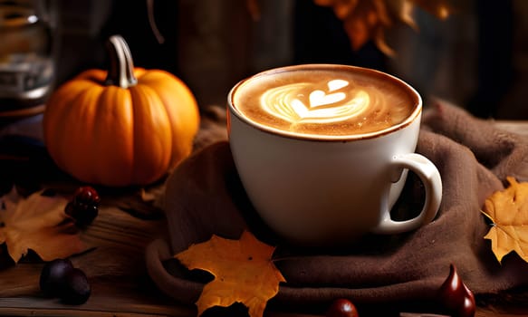 A white mug filled with a creamy latte sits on a brown napkin surrounded by fall foliage. An orange pumpkin sits to the left, adding to the warm and cozy autumn atmosphere.