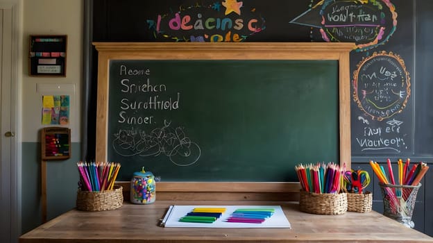 A wooden table with a chalkboard on an easel, set against a wall with more chalkboards, is ready for learning. Colorful crayons and pencils are arranged in baskets and containers on the table, with rows of colored pencils and markers laid out on a sheet of paper, ready to be used for creative projects.