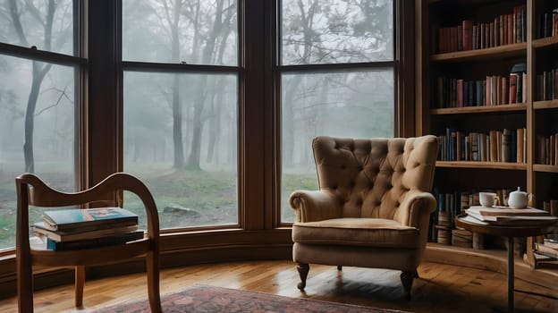 A plush, tufted armchair sits in a sunlit corner with a large bay window overlooking a misty forest. The armchair is positioned next to a small table with a cup and saucer, inviting one to settle in and read.