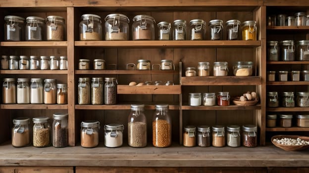 A wooden pantry with multiple shelves holds an abundance of glass jars filled with various dried goods. The jars are organized and labeled, showcasing a well-stocked kitchen.