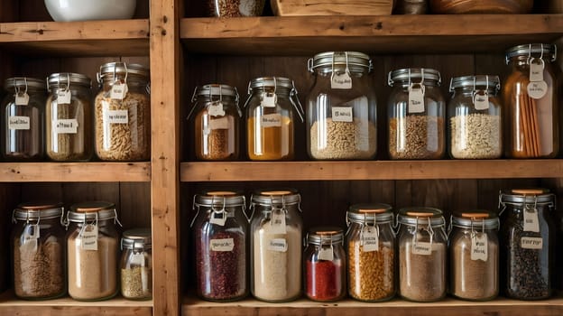 A wooden pantry shelf with multiple glass jars filled with various dry goods, including grains, beans, spices, and pasta. The jars are labeled and organized on the shelf, showcasing a well-stocked and organized pantry.