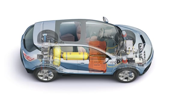 Hydrogen fuel generic car technical cutaway 3d rendering with all main details of HV system in ghost effect. Perspective bird eye view on white background.