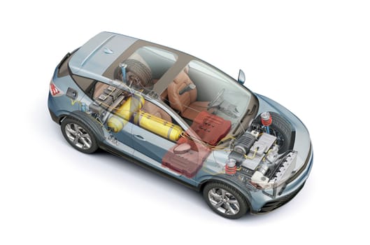 Hydrogen fuel generic car technical cutaway 3d rendering with all main details of HV system in ghost effect. Perspective bird eye view on white background.