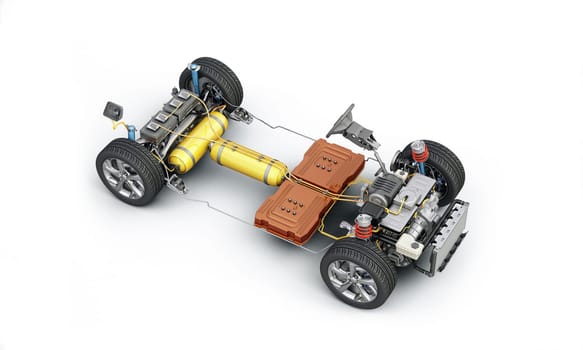 Hydrogen fuel generic car technical cutaway 3d rendering, under carriage with all internal main details of HV system. Perspective bird eye view on white background.