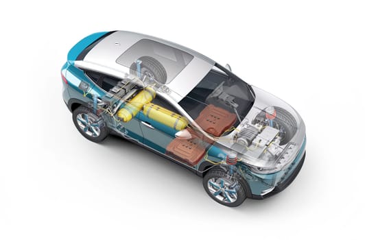 Hydrogen fuel generic car technical cutaway 3d rendering with all main details of HV system in ghost effect. Perspective bird eye view on white background.
