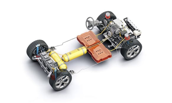Hydrogen fuel generic car technical cutaway 3d rendering, under carriage with all internal main details of HV system. Perspective bird eye view on white background.