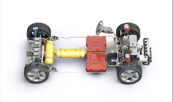 Hydrogen fuel generic car technical cutaway 3d rendering, under carriage with all internal main details of HV system. Perspective bird eye view on white background.