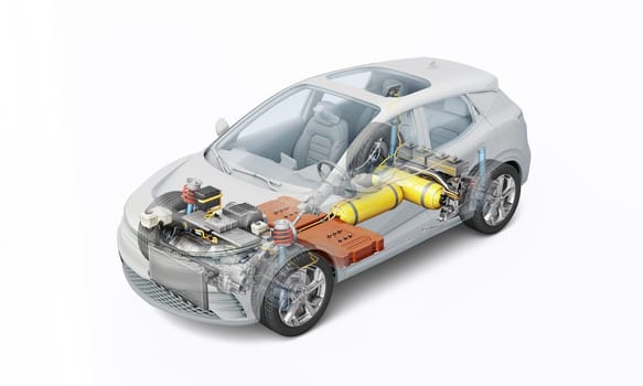 Hydrogen fuel generic car technical cutaway 3d rendering with all main details of HV system in ghost effect. Perspective bird eye view on white background.