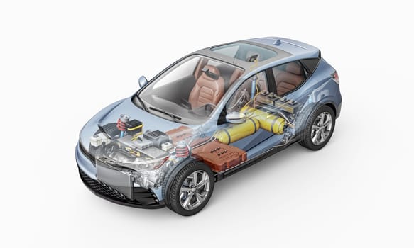 Hydrogen fuel generic car technical cutaway 3d rendering with all main details of HV system in ghost effect. Perspective bird eye view on white background.