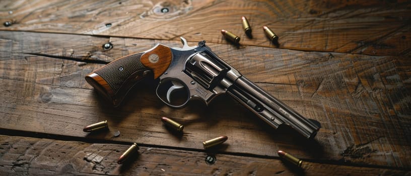 A vintage revolver surrounded by bullets on a rustic wooden surface, suggestive of a bygone era
