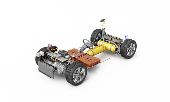 Hydrogen fuel generic car technical cutaway 3d rendering, under carriage with all internal main details of HV system. Perspective bird eye view on white background.