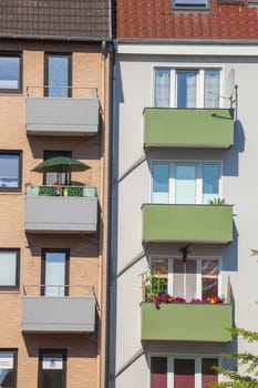 Rear view of monotonous residential building with balconies, Bremerhaven, Bremen, Germany