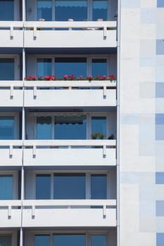 Monotonous white-blue residential building with balconies, Bremerhaven, Bremen, Germany