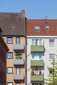 Rear view of monotonous residential building with balconies, Bremerhaven, Bremen, Germany