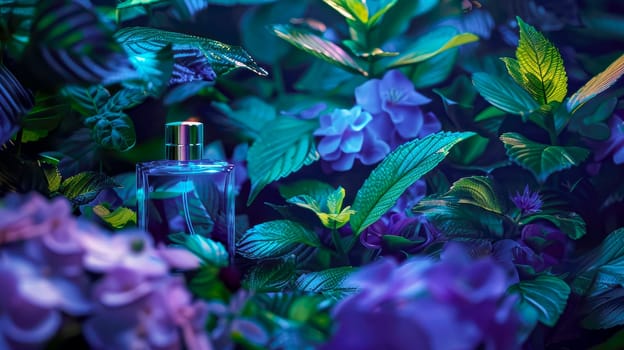 Bottle of fragrance with colorful tropical flowers and plants. AI generated
