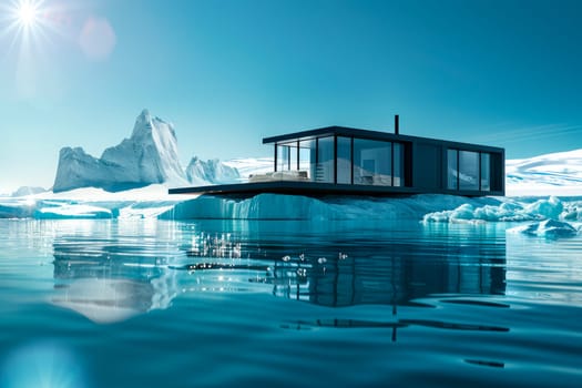 Modern black metal frame house sitting on the cold icy island. Minimalist architecture concept. AI generated
