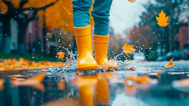 The feet of a child in a yellow rainboots stomp through puddles. AI generated