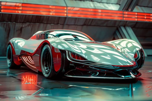 Sleek autonomous vehicle on the parking, futuristic transport concept. AI generated