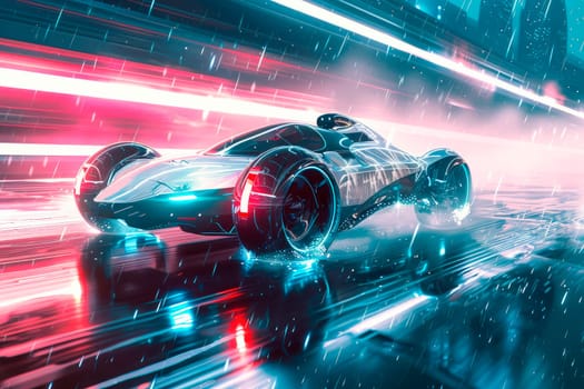 Fast moving sleek autonomous vehicle on the road, futuristic transport concept. AI generated