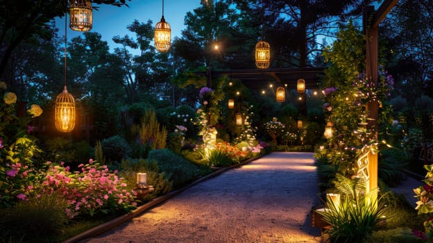 Hanging lanterns in a garden at evening time. Elements of the wedding decor of the night ceremony. AI generated
