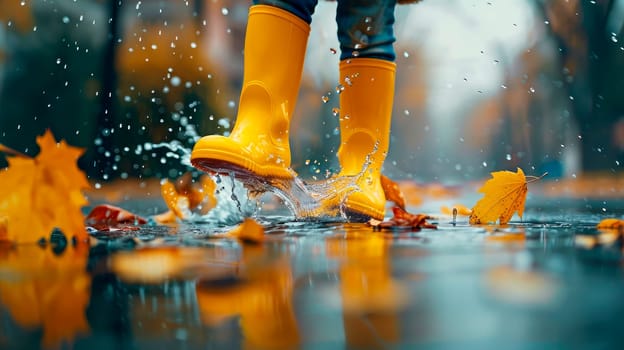 The feet of a child in a yellow rubber boots stomp through puddles. AI generated
